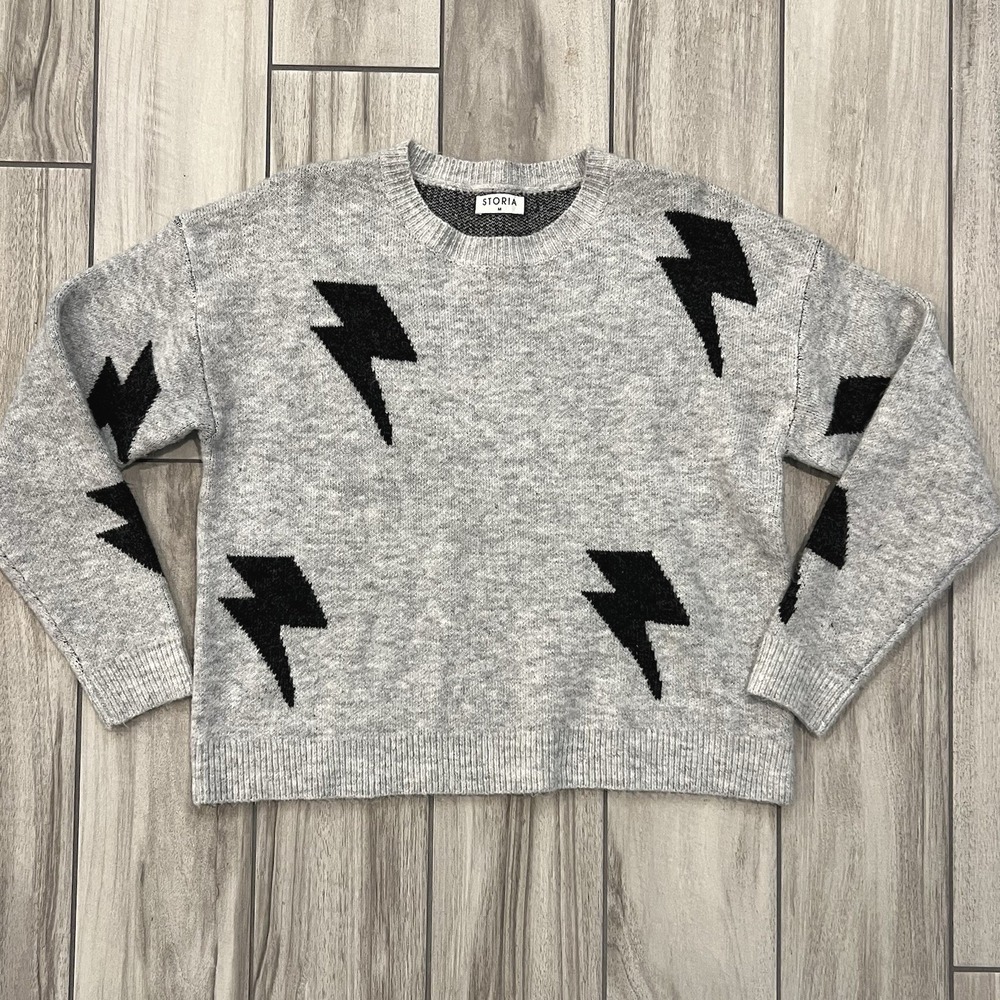 Storia Lightning Bolt Sweater Womens Medium Gray Good Intarsia Knit Long Sleeve